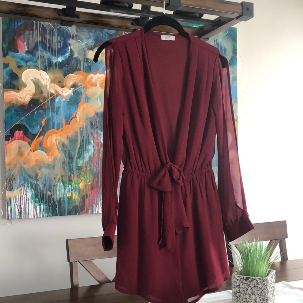 Burgundy Romper w/ sheer sleeves + slit